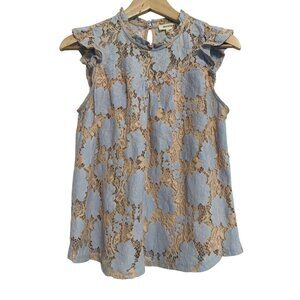 Monteau Womens Blue Top layered Lace‎ Nude Base Cap Sleeve Ruffles Whimsicle M